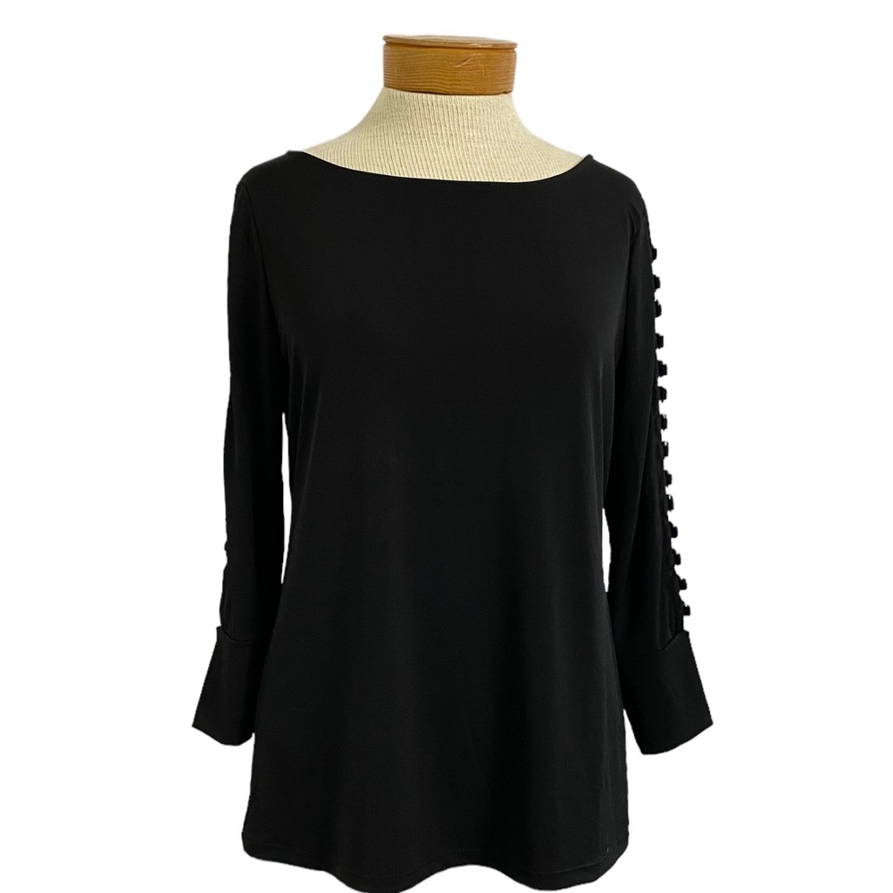 Carmen Marc Valvo Cutout Sleeves Black Gold Rings Blouse Top Sz M